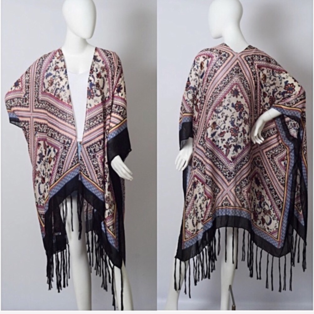 Boho Festival Gypsy Kimono Wrap Beach Coverup Armholes One Size 0-18 Tassels - Picture 6 of 6